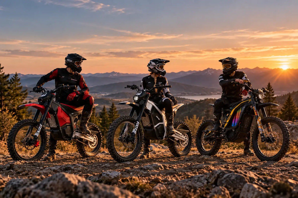 48V, 60V and 72V electric dirt bikes compared on an off-road mountain trail