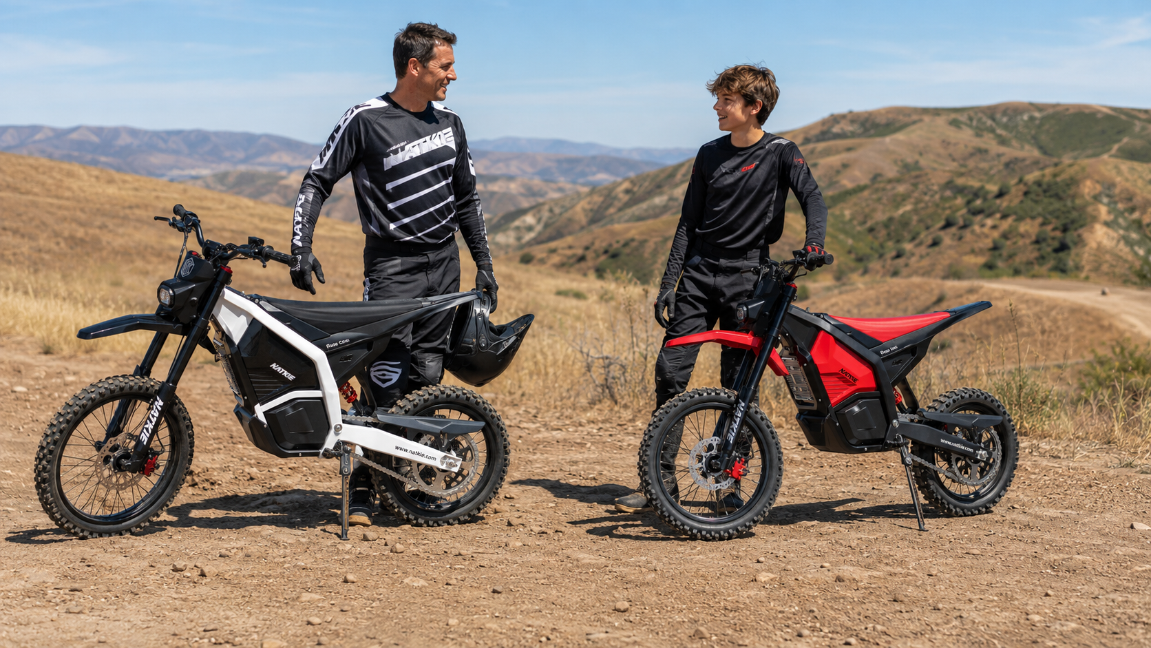 Teen rider and adult with NATKIE RISE Mini and RISE Core electric dirt bikes on an off-road trail, illustrating electric dirt bikes for teens 14+.