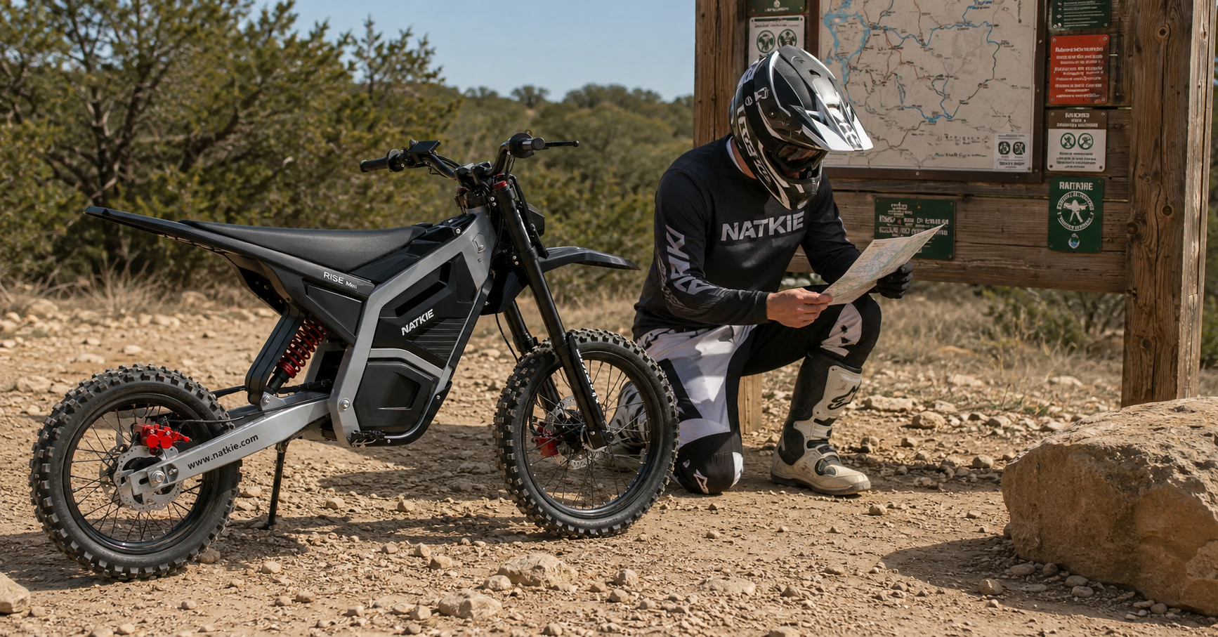 NATKIE RISE Mini rider planning a North Texas off-road trip at a trailhead in Northwest OHV Park