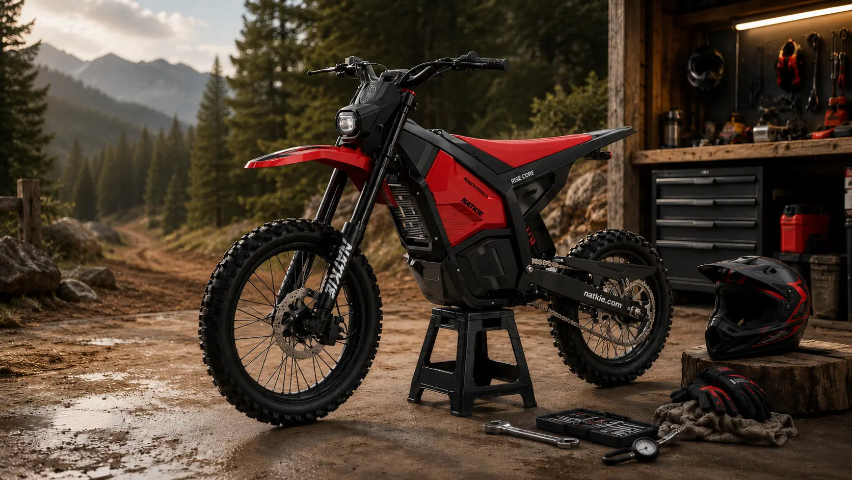 Electric dirt bike maintenance on a NATKIE RISE Core before an off-road ride