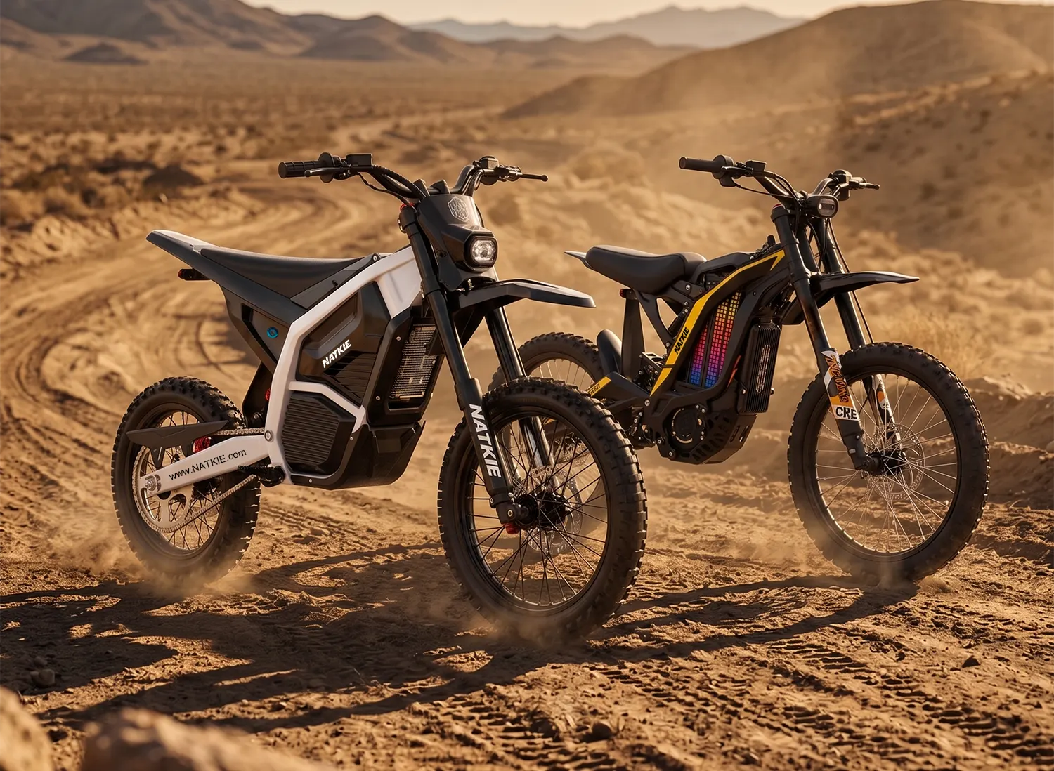 NATKIE RISE Core and Vortex N1 electric dirt bikes on a rugged off-road desert trail
