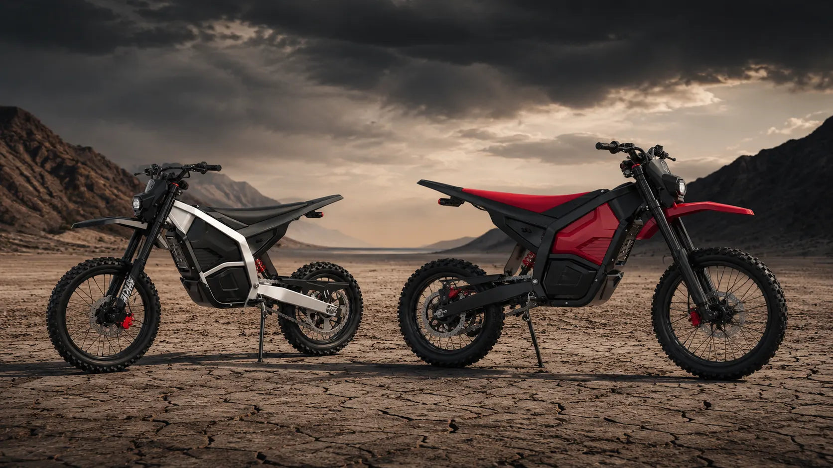 Two different models of NATKIE electric dirt bikes parked facing away from each other on a dry, cracked desert lakebed under a moody, dynamic sky. The lighting dramatically highlights the differences in their frames and components.
