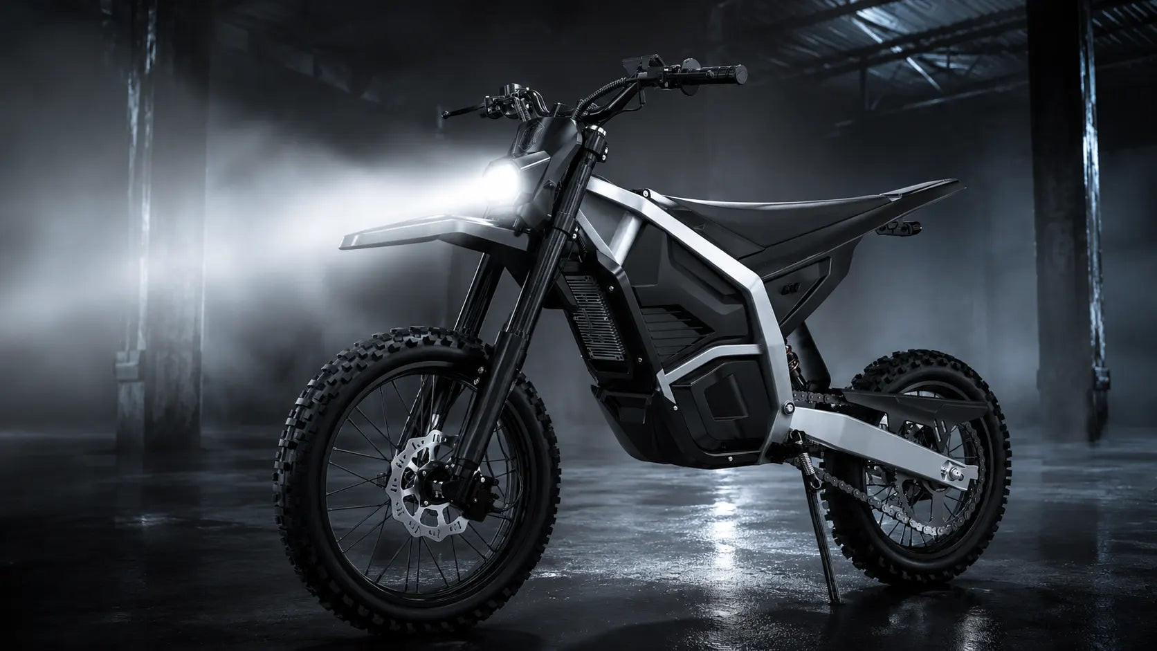 A high-performance black NATKIE electric dirt bike (e-moto) parked in a dimly lit industrial warehouse, with its powerful LED headlight beam cutting through light fog and reflecting on the damp floor.