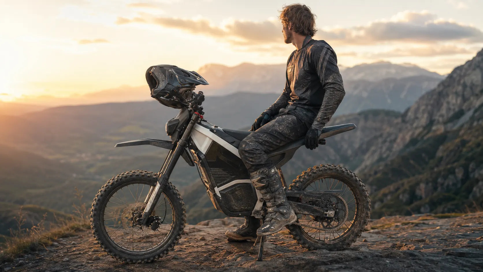 A dirt-covered motocross rider sitting candidly on their high-performance electric dirt bike at a mountain trail overlook. Their helmet rests on the handlebars as they look out over a winding canyon at golden hour.