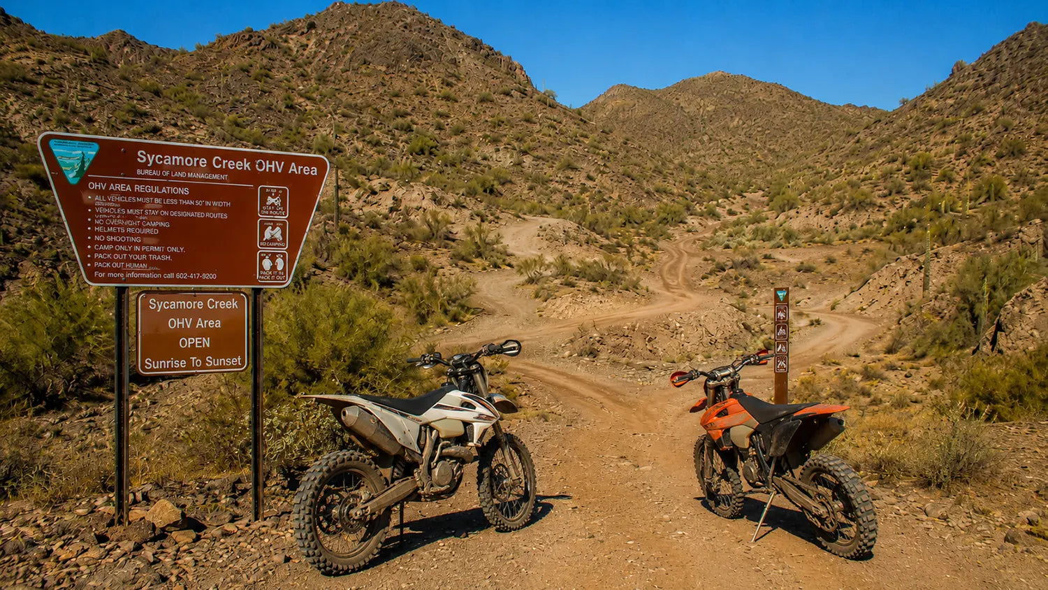 Electric dirt bikes at Sycamore Creek OHV Area near Phoenix Arizona desert trails