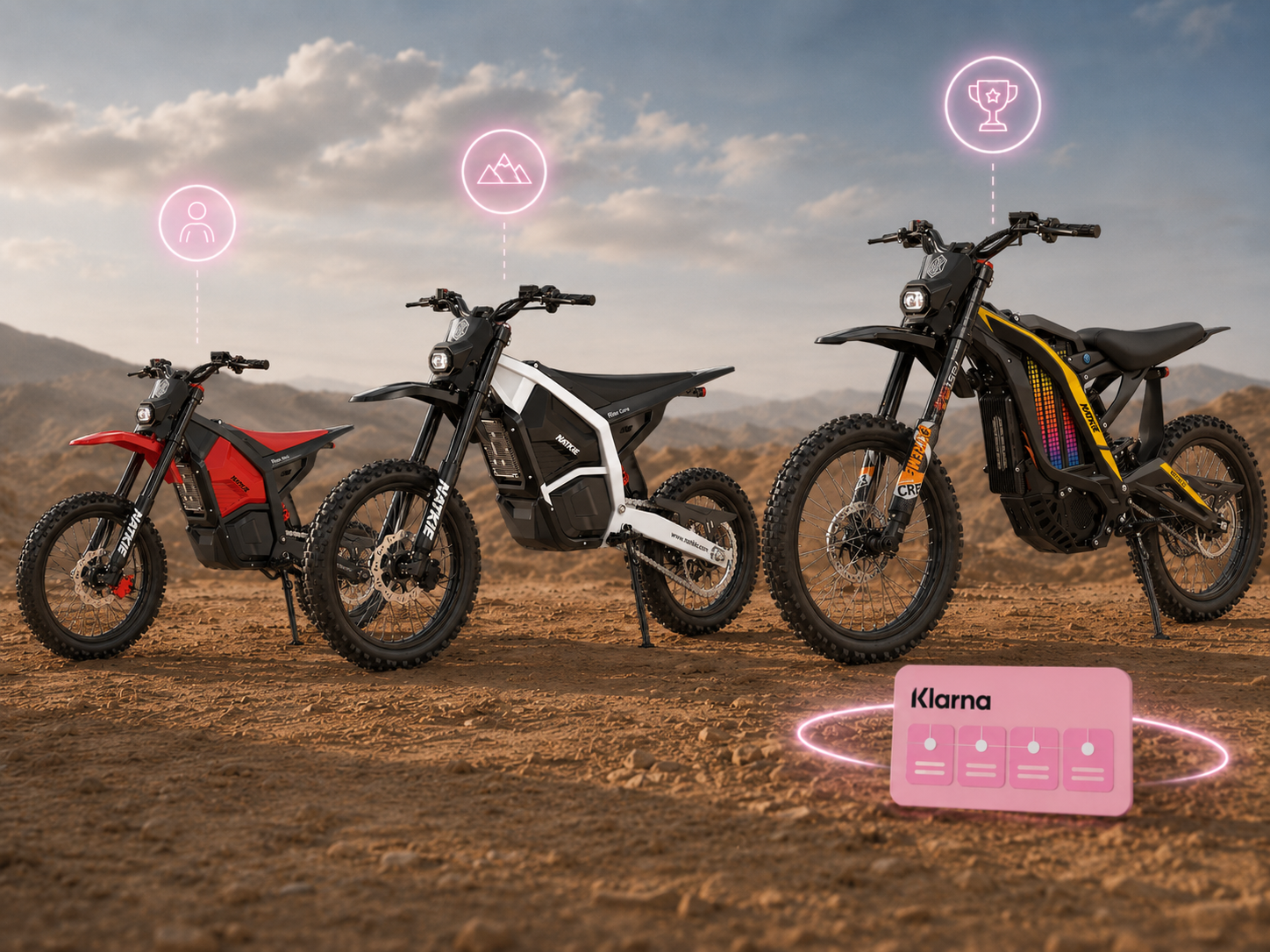 Three electric dirt bikes in a desert landscape with a Klarna payment graphic, highlighting electric dirt bike Klarna payment options.