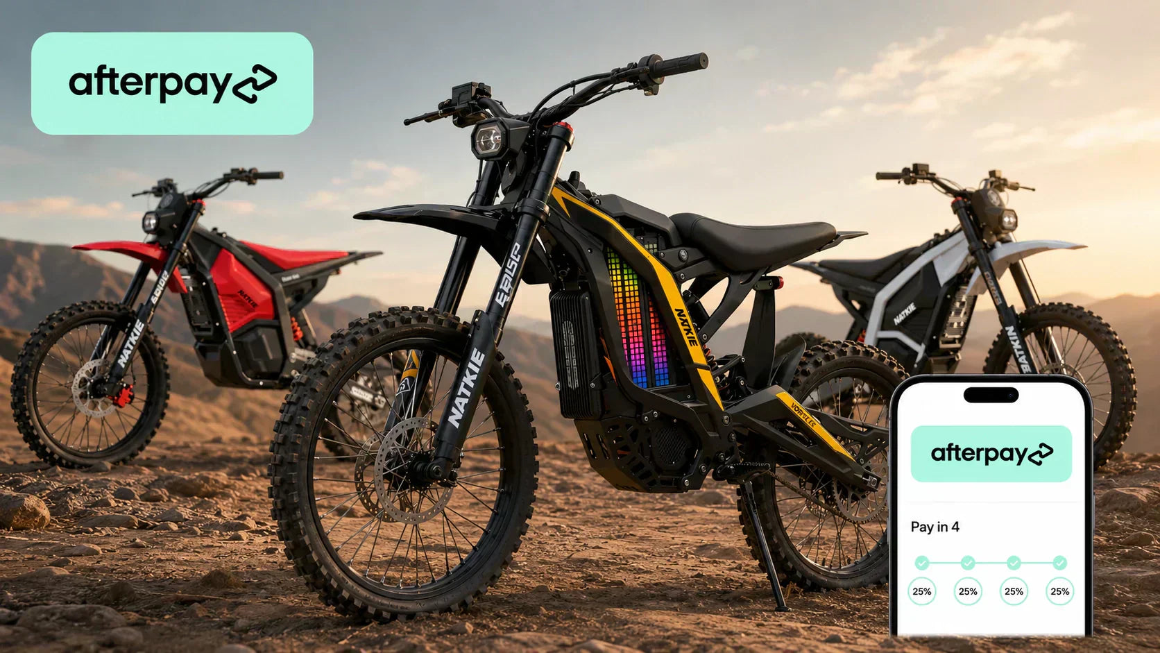 Electric dirt bike Afterpay option shown with three NATKIE bikes and a Pay in 4 checkout screen on a rocky mountain trail.