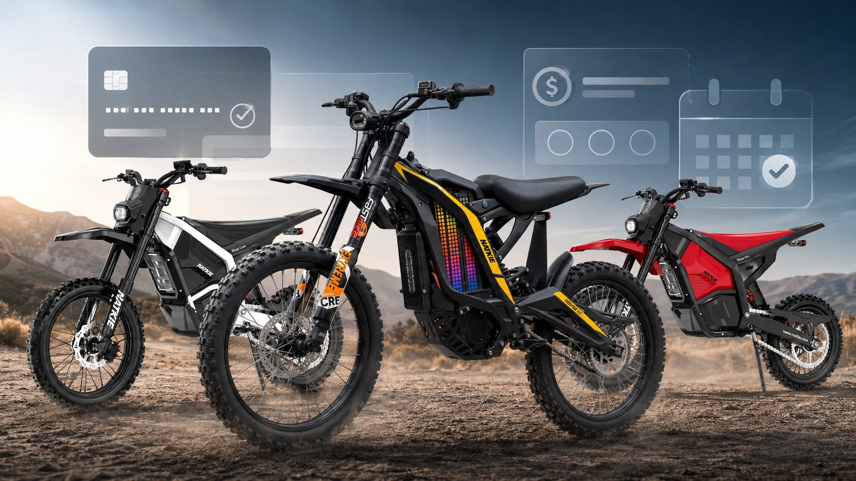 Three NATKIE electric dirt bikes on a rugged trail with payment icons highlighting the best electric dirt bike financing.