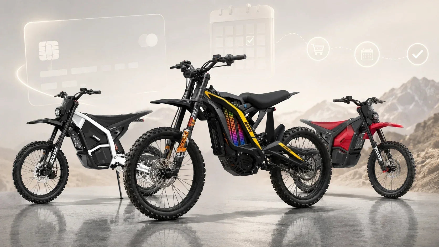 Three electric dirt bikes displayed with payment and calendar icons representing electric motorcycle financing.