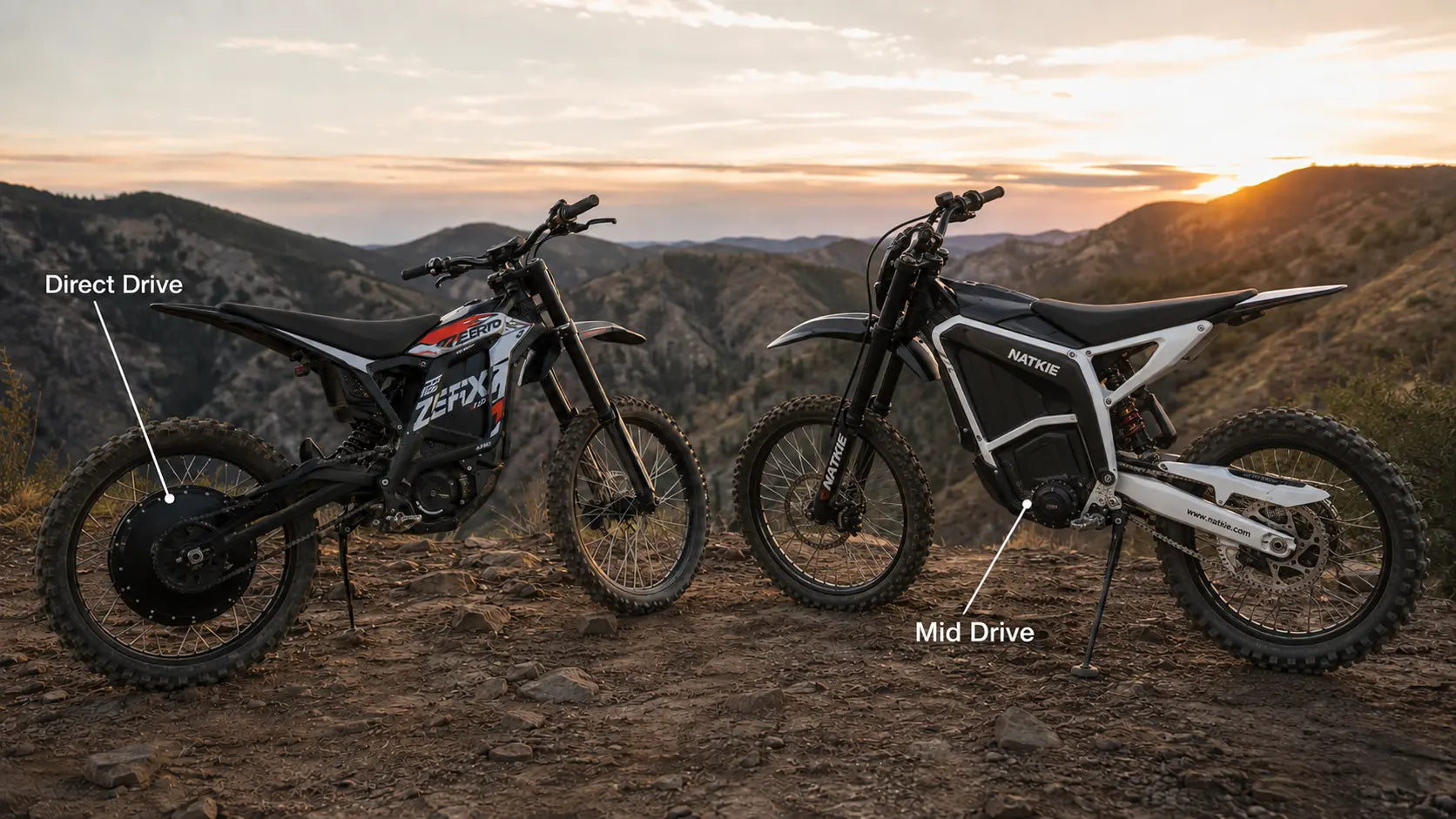 Direct drive vs mid drive electric dirt bikes on an off-road trail, comparing a rear hub motor with a NATKIE mid-drive setup
