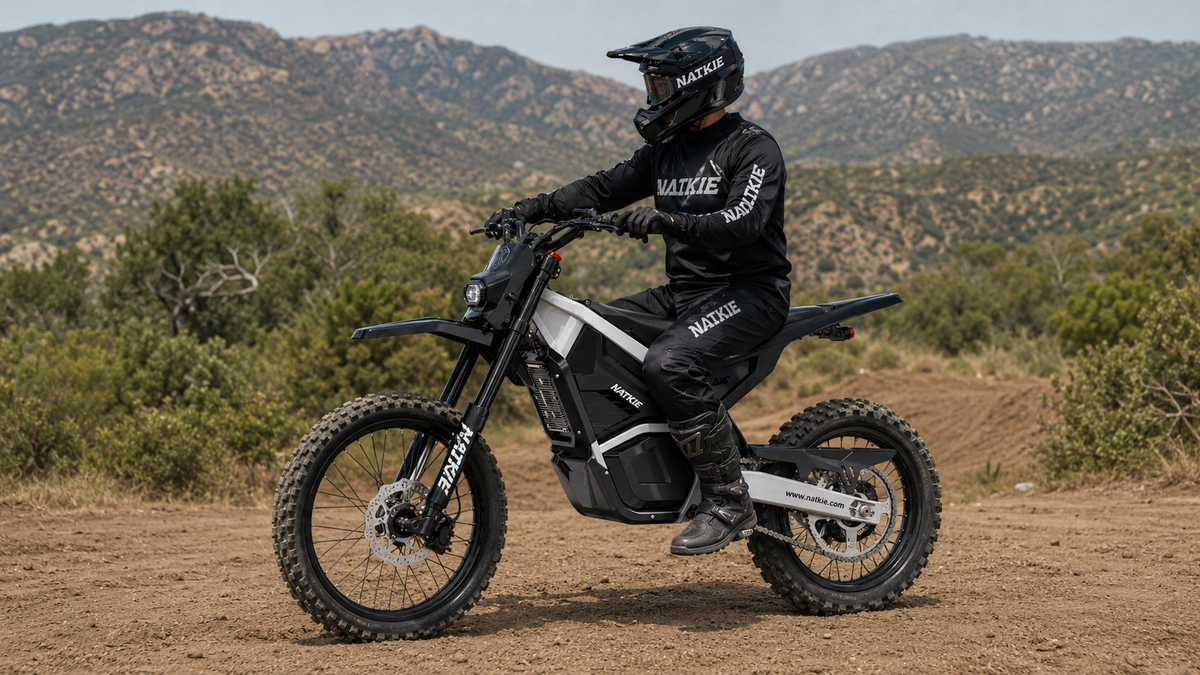 rider practicing a first electric dirt bike ride on a NATKIE RISE Core on an off road trail