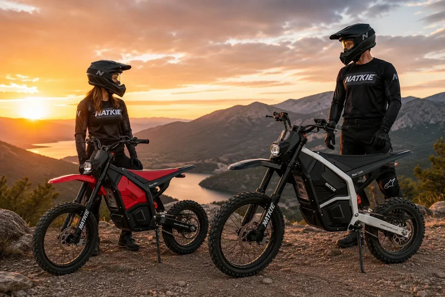 Electric dirt bike size comparison with NATKIE RISE Mini and RISE Core riders