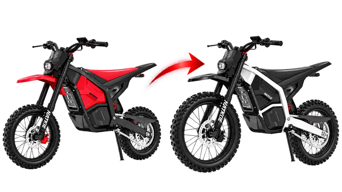 RISE Mini to RISE Core electric dirt bike comparison showing the upgrade from smaller to larger wheels