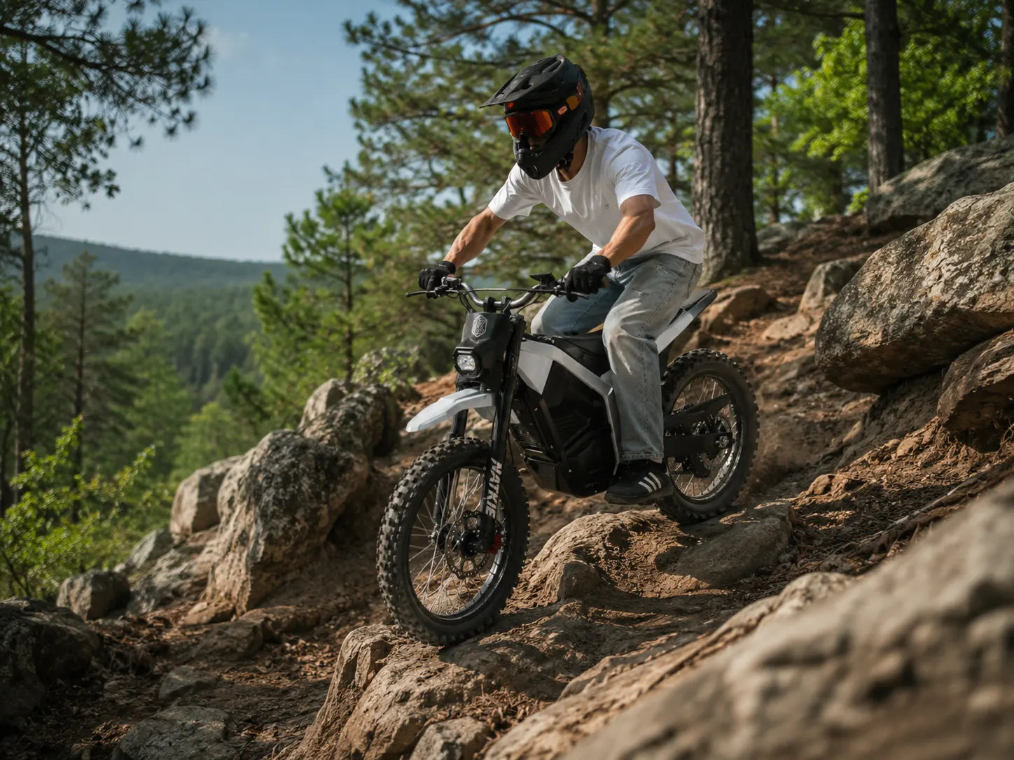 NATKIE electric dirt bike rider on a rocky trail at Barnwell Mountain Recreation Area in Texas
