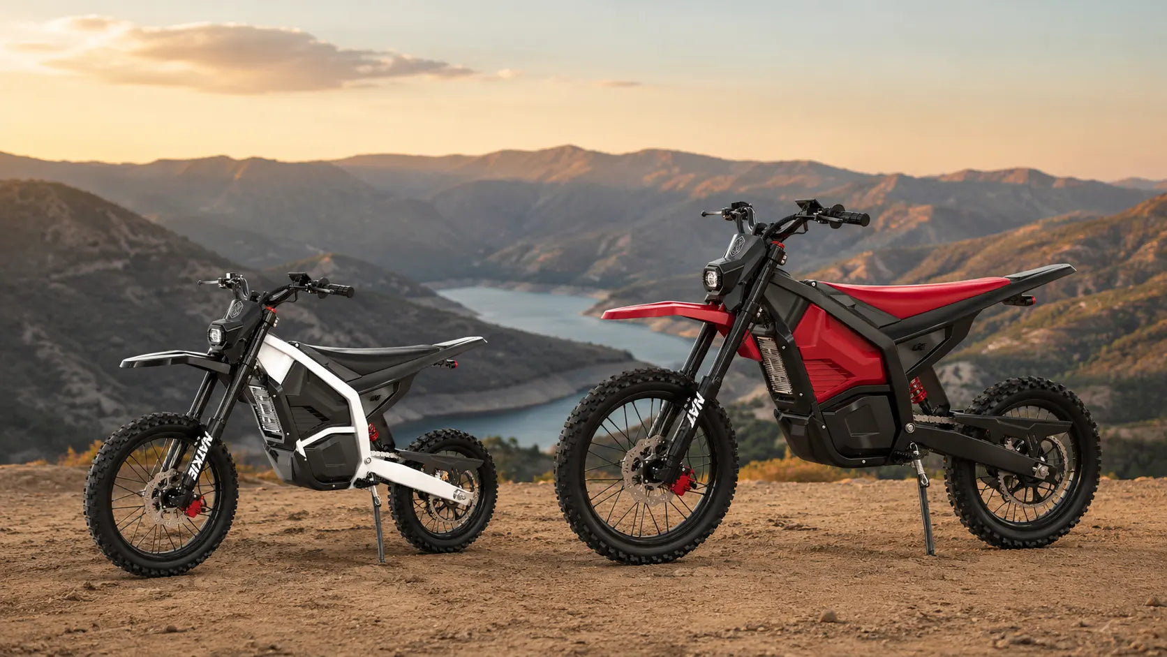A scenic overview shot on a dirt trail showing two different sized premium electric dirt bikes: one slightly smaller white e-moto next to a larger red adult-sized full performance e-moto.
