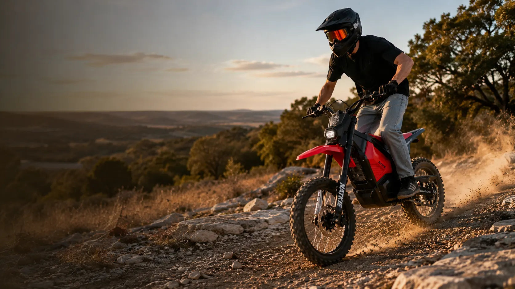 NATKIE Rise Core electric dirt bike rider on an off-road trail in Dallas–Fort Worth, Texas