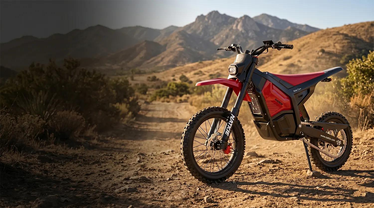 NATKIE RISE Core electric dirt bike in Southern California desert terrain for San Diego riders